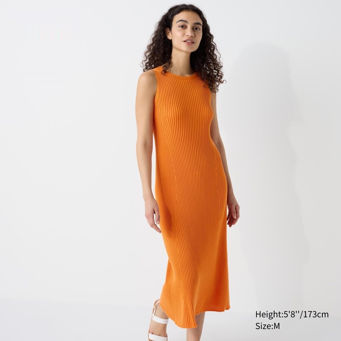 Бесшовное платье без рукавов 3D-вязки в рубчик цвет: Оранжевый