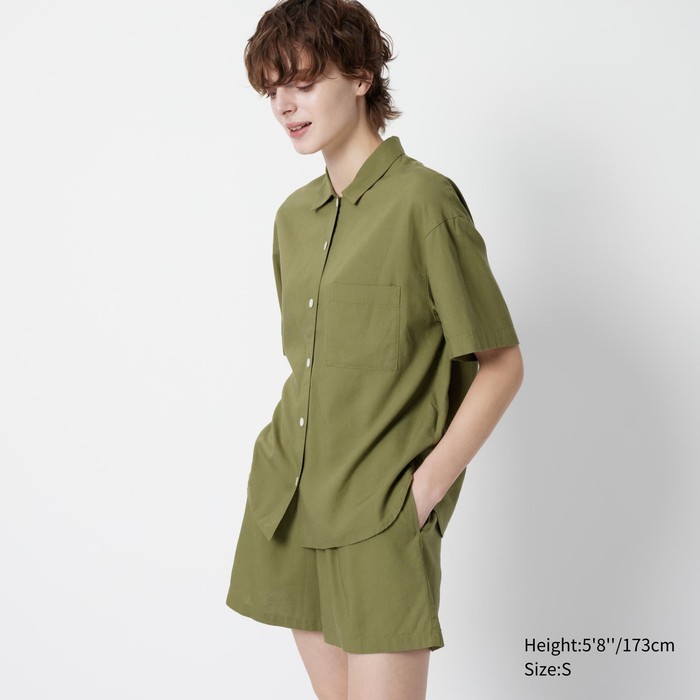Пижама из смеси льна с короткими рукавами цвет: Зелёный
