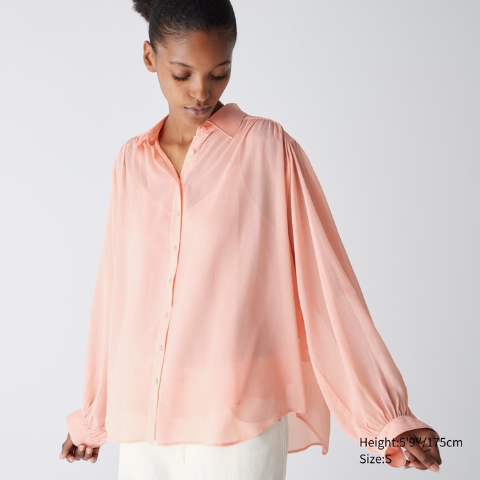 Прозрачная объемная блузка с длинными рукавами цвет: Розовый
