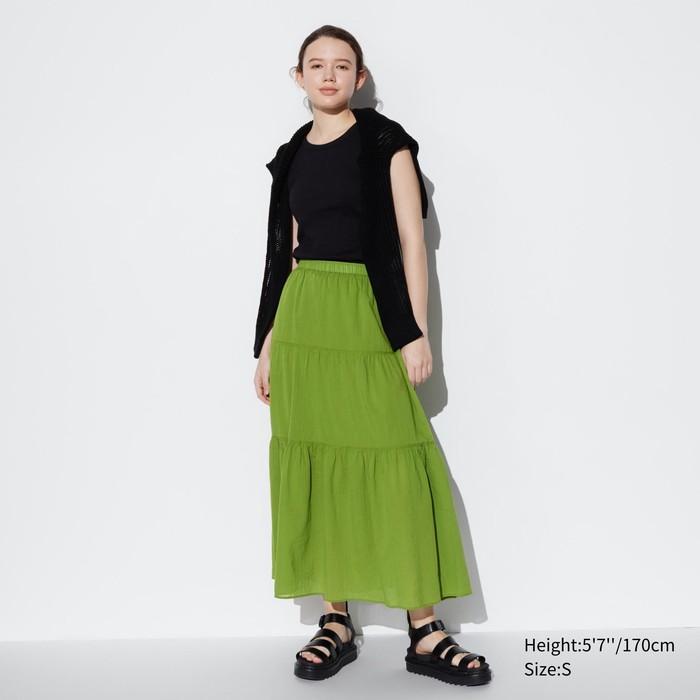 Мятая хлопковая многоярусная юбка цвет: Зелёный