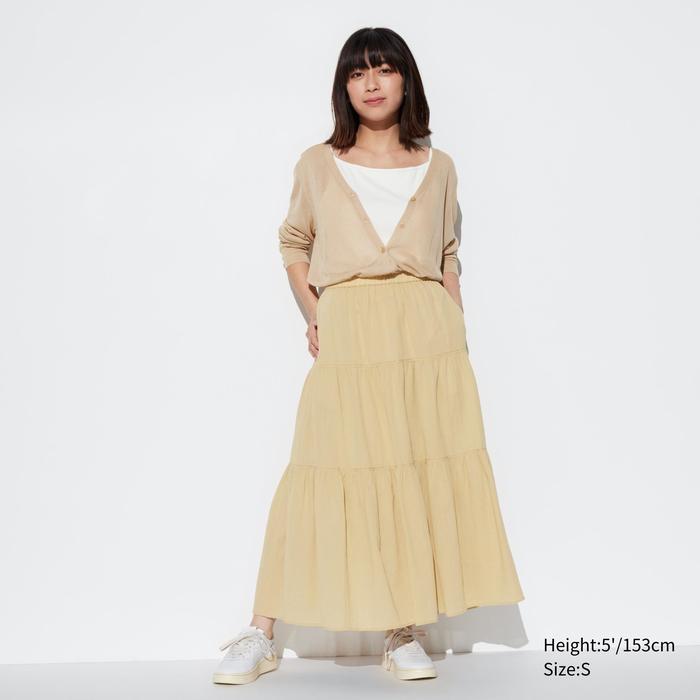 Мятая хлопковая многоярусная юбка (короткая) цвет: Бежевый