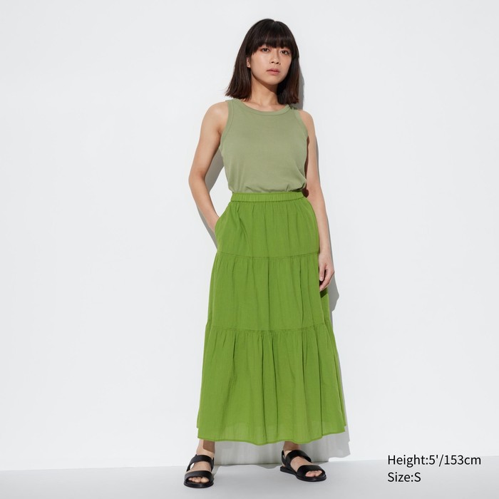 Мятая хлопковая многоярусная юбка (короткая) цвет: Зелёный