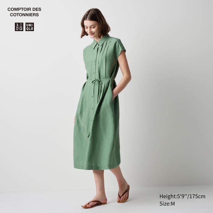 Платье-рубашка с короткими рукавами из смесового льна цвет: Зелёный