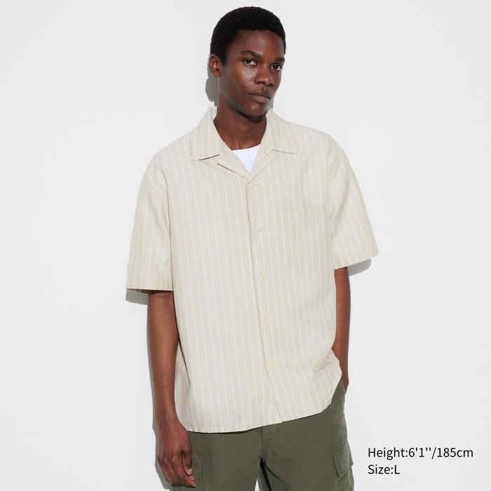Полосатая рубашка с короткими рукавами из смеси хлопка и льна (открытый воротник) цвет: Бежевый